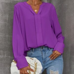 New purple notched neck long sleeve blouse